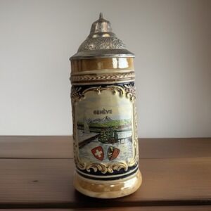 Beer Stein Vintage Gerz Hand Painted Geneva Switzerland Oktoberfest Mug Lidded
